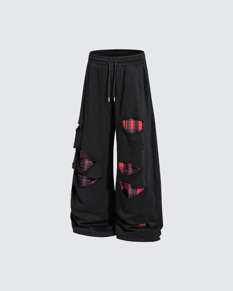 KIIKIO Dark Patchwork Curved Blade Wide Leg Sweatpants