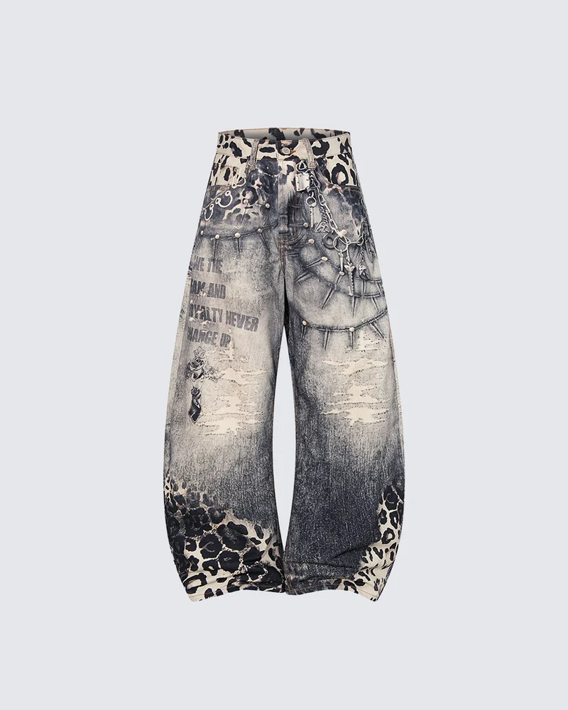 KIIKIO Vintage Leopard Patchwork Baggy Jeans