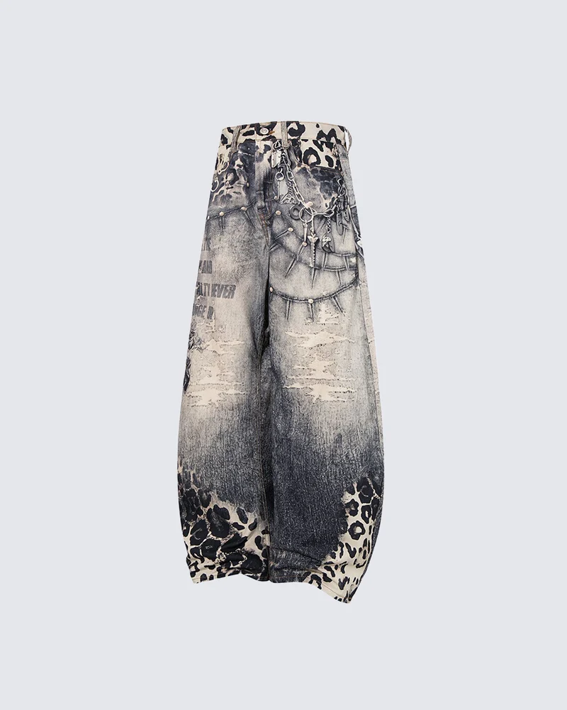 KIIKIO Vintage Leopard Patchwork Baggy Jeans