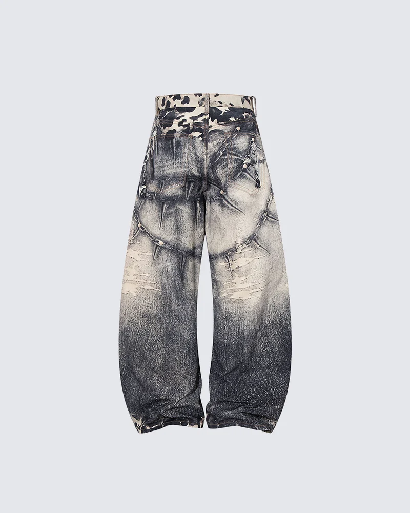 KIIKIO Vintage Leopard Patchwork Baggy Jeans
