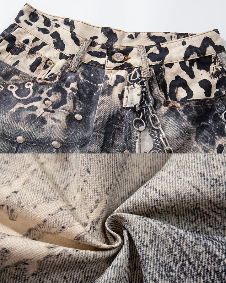 KIIKIO Vintage Leopard Patchwork Baggy Jeans