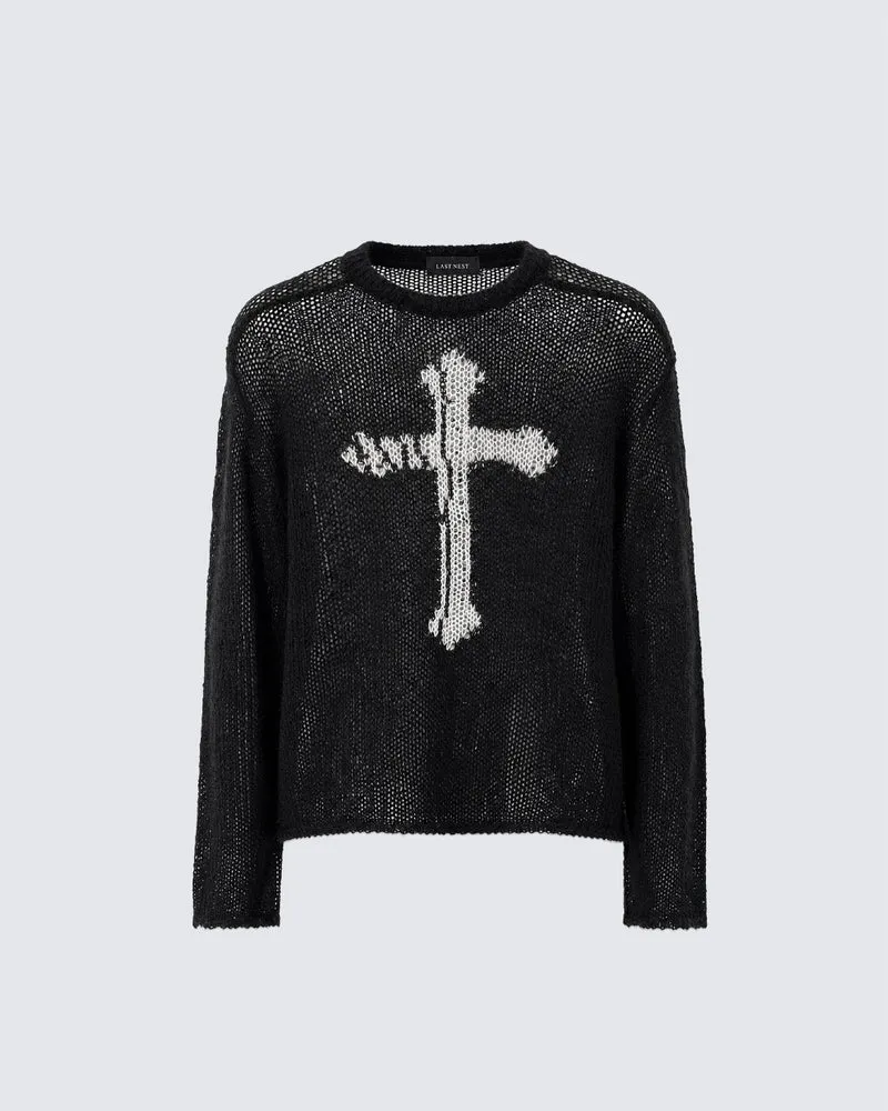 KIIKIO Vintage Cross Graphic Mesh Knit Sweater