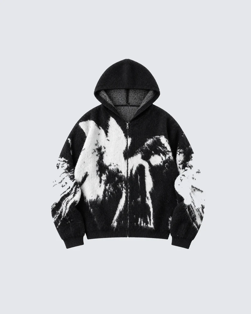 KIIKIO Vintage Abstract Pattern Zip-Up Hoodie