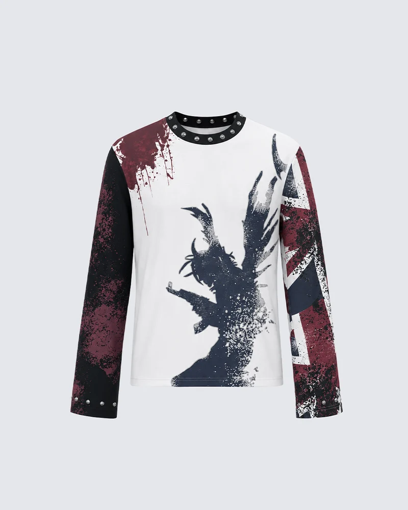 KIIKIO Vintage Graphic Studded Long Sleeve T-Shirt