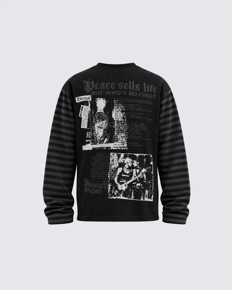 KIIKIO Vintage Striped Graphic Long Sleeve T-Shirt