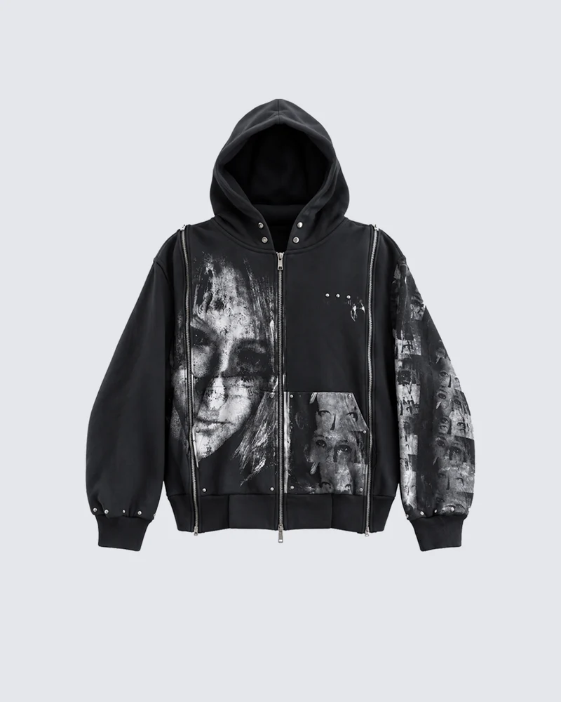 KIIKIO Vintage Graphic Zip-Up Hooded Sweatshirt