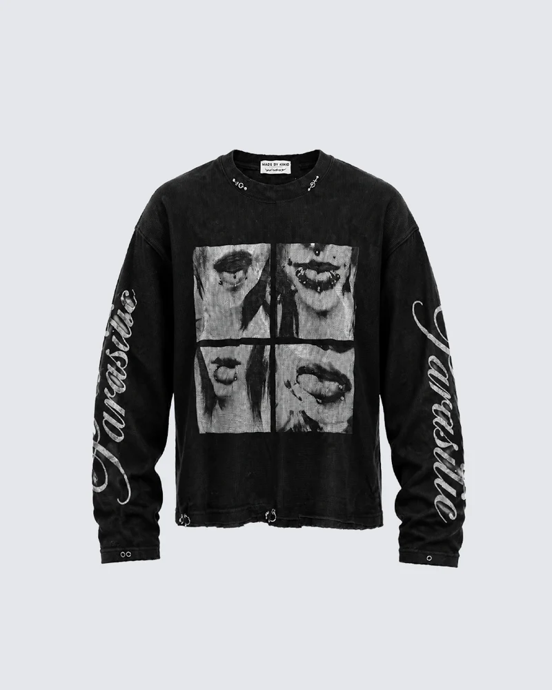 KIIKO Retro Graphic Distressed Long Sleeve T-Shirt