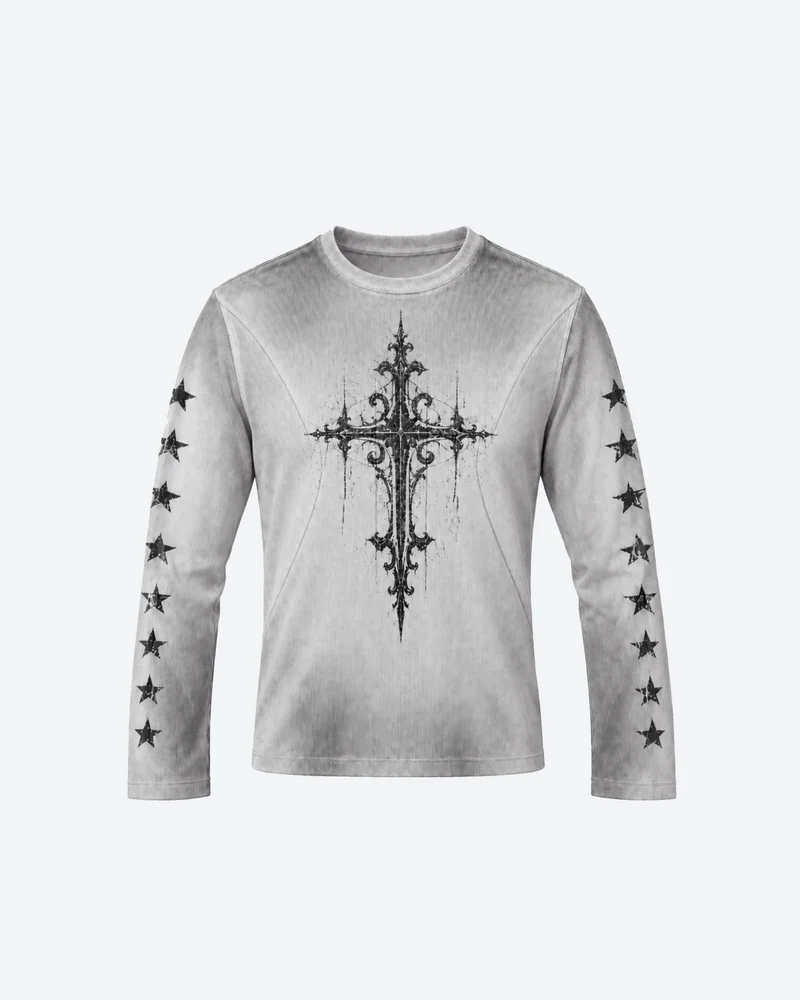 KIIKIO Vintage Gothic Cross Graphic Long Sleeve T-Shirt