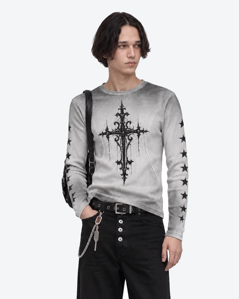 KIIKIO Vintage Gothic Cross Graphic Long Sleeve T-Shirt