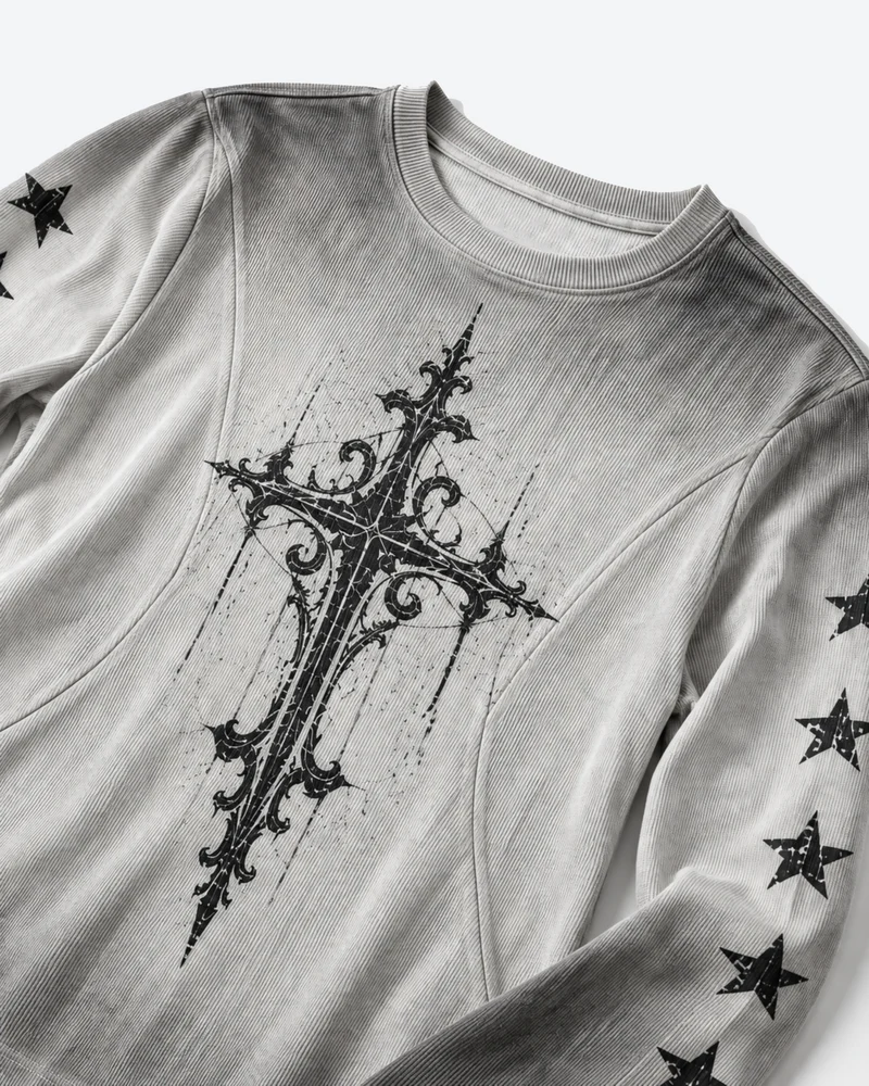 KIIKIO Vintage Gothic Cross Graphic Long Sleeve T-Shirt