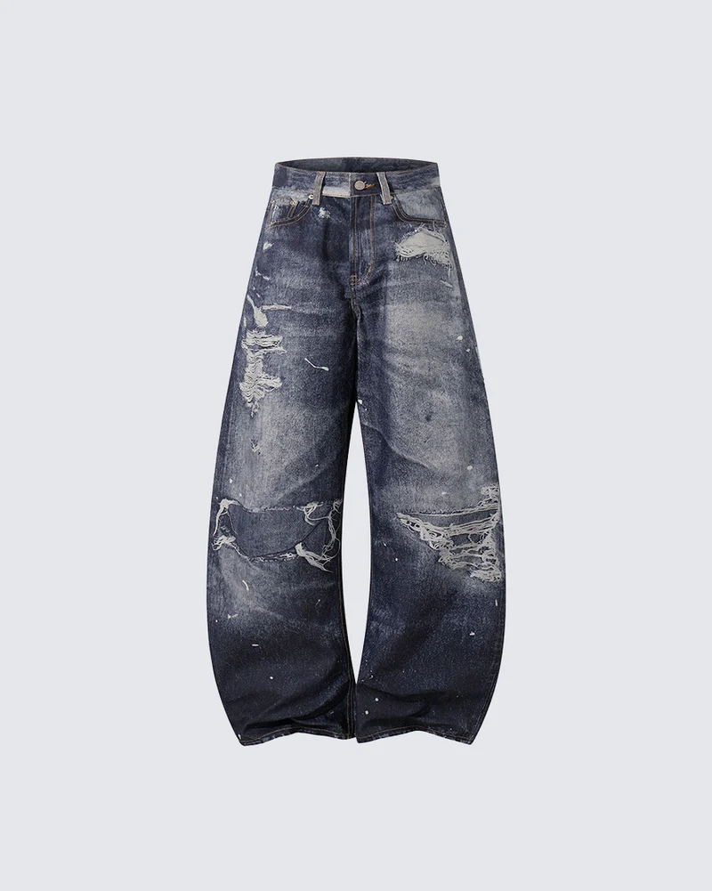 KIIKIO Vintage Distressed Washed Wide Leg Jeans