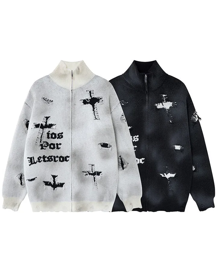 KIIKIO Dark Distressed Gothic Zip Sweater