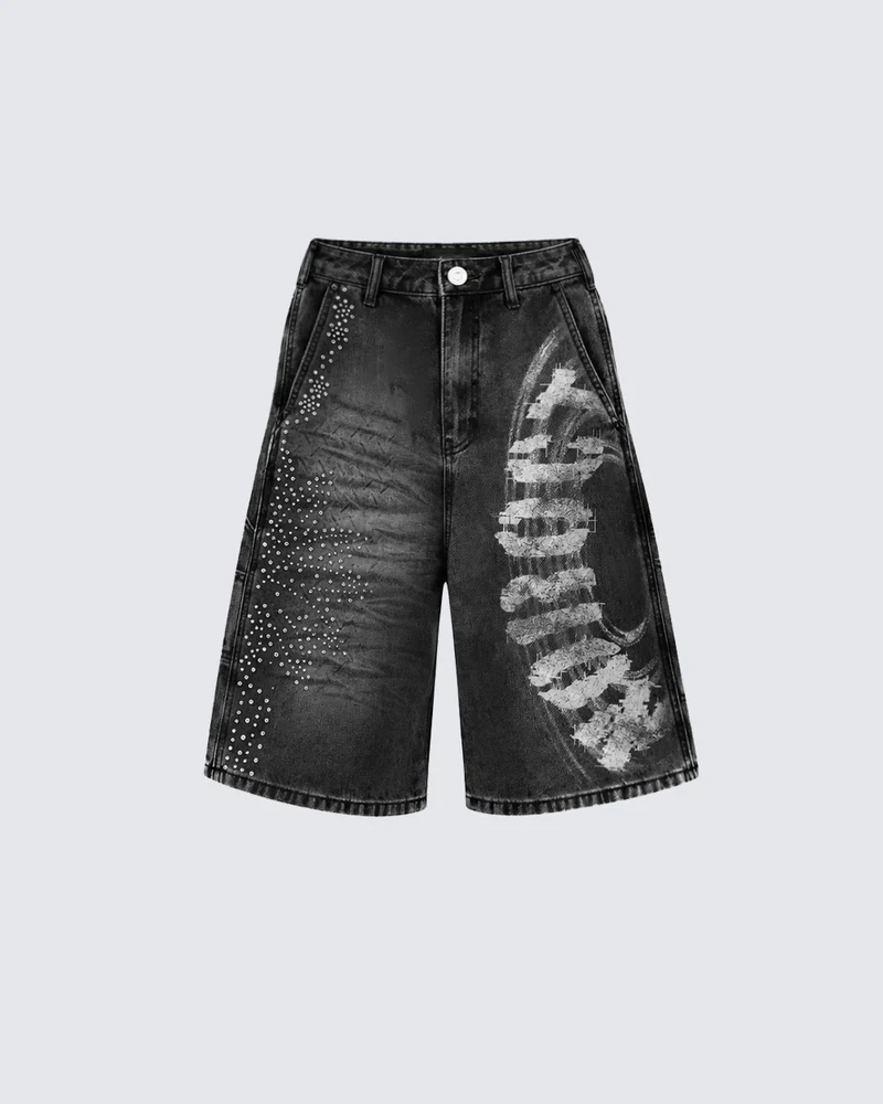 KIIKIO Distressed Graphic Denim Shorts