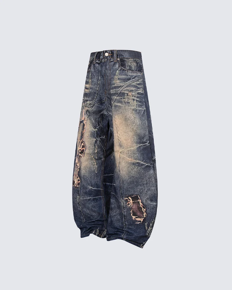 KIIKIO Grunge Distressed Washed Repair Baggy Jeans