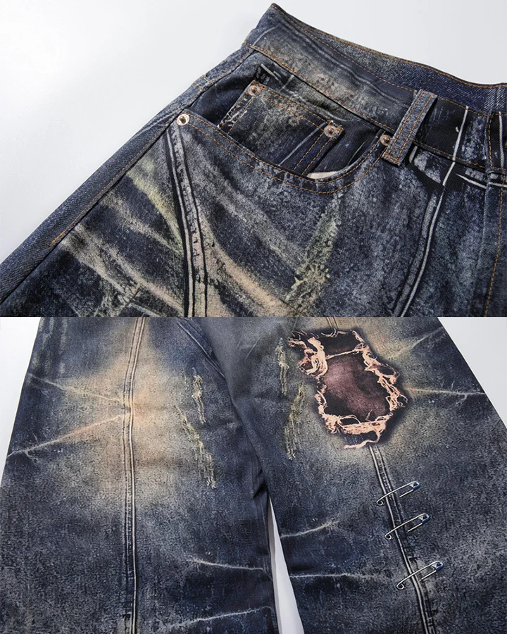 KIIKIO Grunge Distressed Washed Repair Baggy Jeans