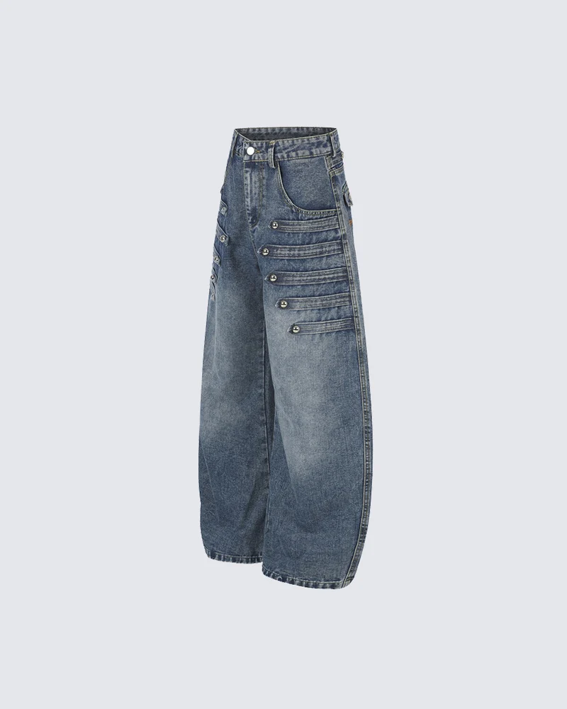 KIIKIO American Vintage Multi-Pocket Wide Leg Denim Jeans