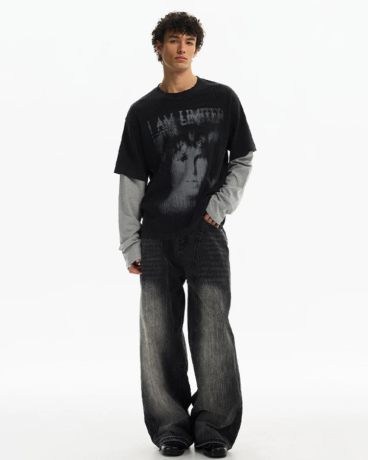 KIIKIO Dark Layered Graphic Vintage Long Sleeve Tee