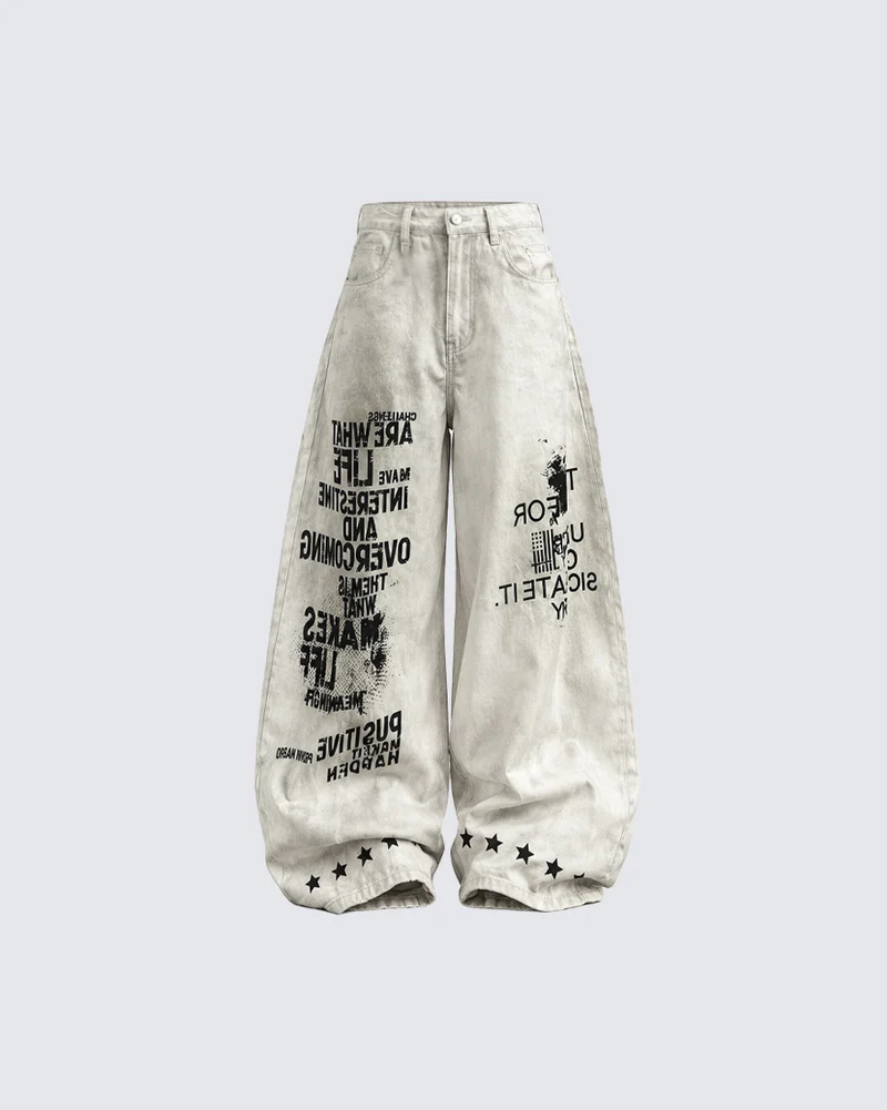 KIIKIO Vintage Graphic Wide Leg Denim Jeans