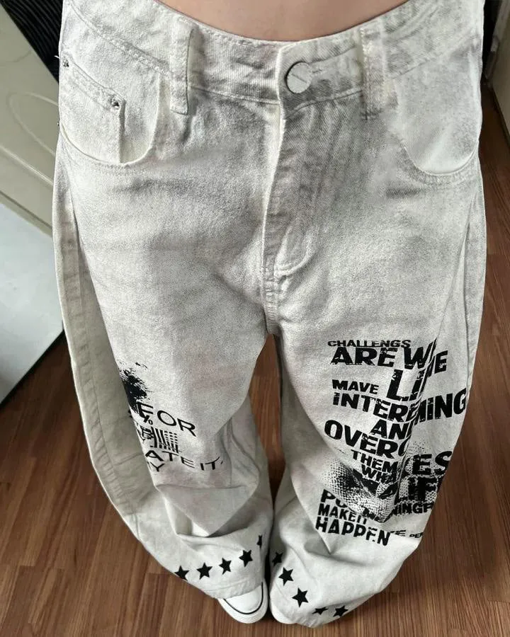KIIKIO Vintage Graphic Wide Leg Denim Jeans