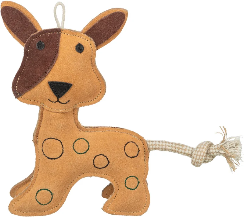 Hundespielzeug aus Leder stehender Hund mit durchlaufendem Tau, geräuschlos
