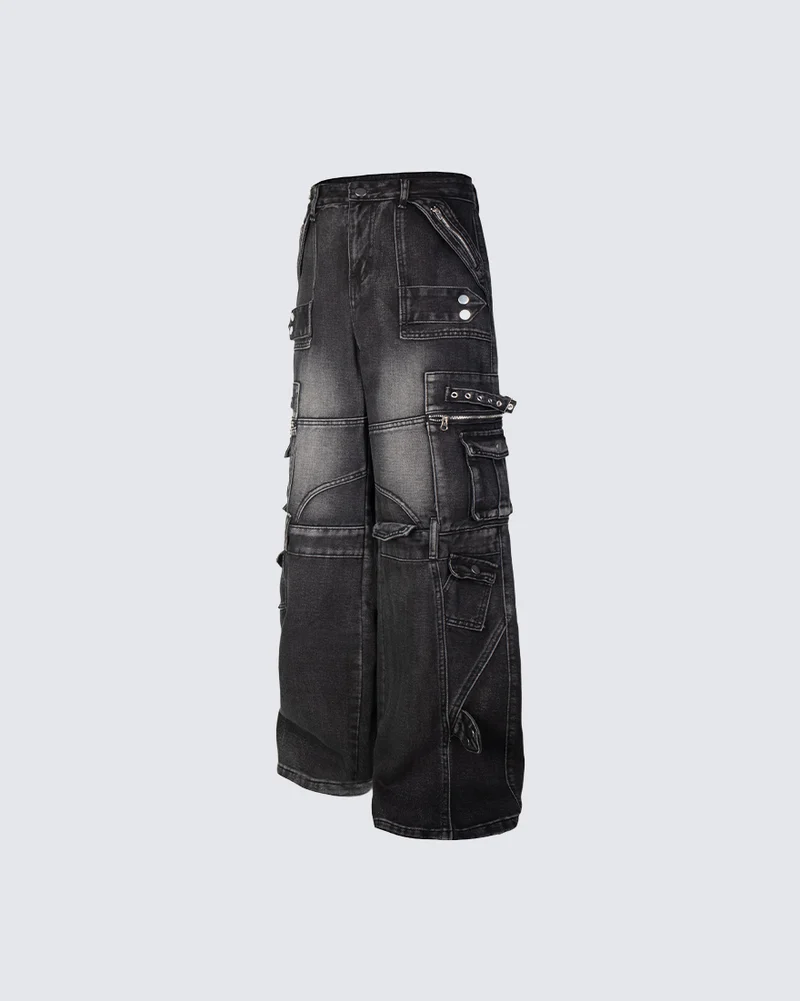 KIIKIO Vintage Washed Multi Pocket Layered Cargo Jeans