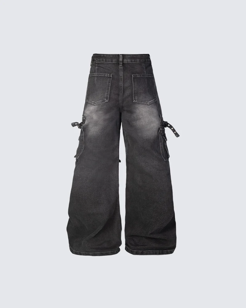 KIIKIO Vintage Washed Multi Pocket Layered Cargo Jeans