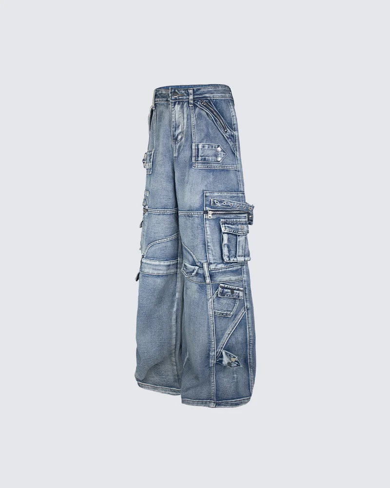 KIIKIO Vintage Washed Multi Pocket Layered Cargo Jeans
