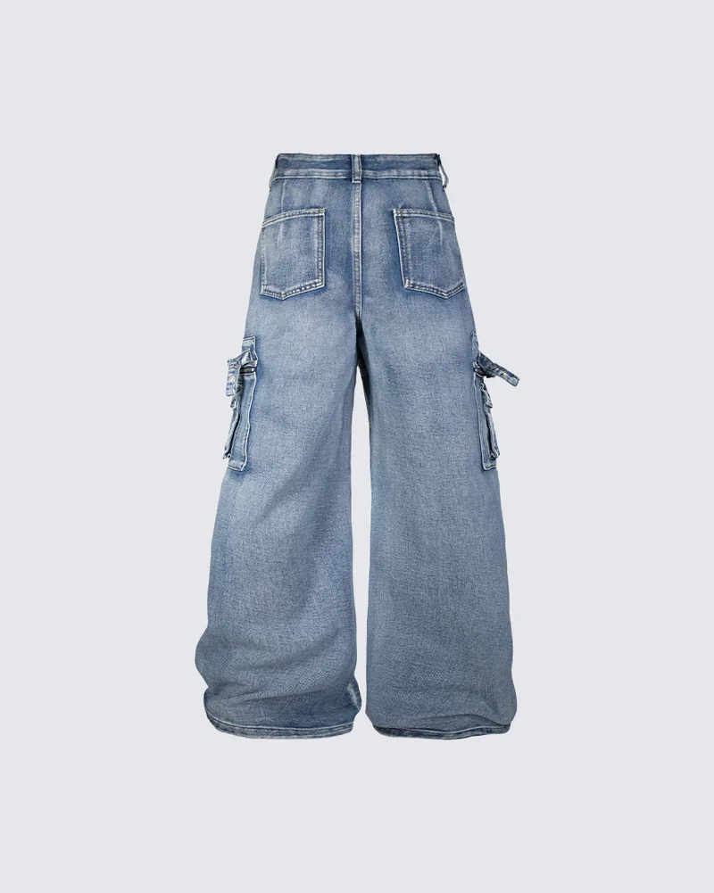 KIIKIO Vintage Washed Multi Pocket Layered Cargo Jeans