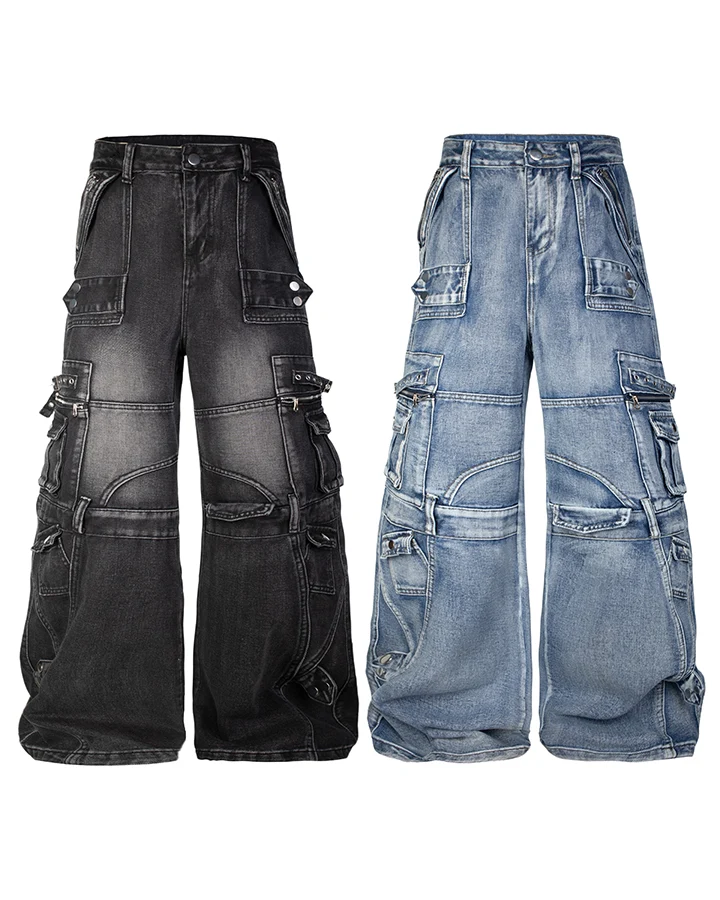 KIIKIO Vintage Washed Multi Pocket Layered Cargo Jeans