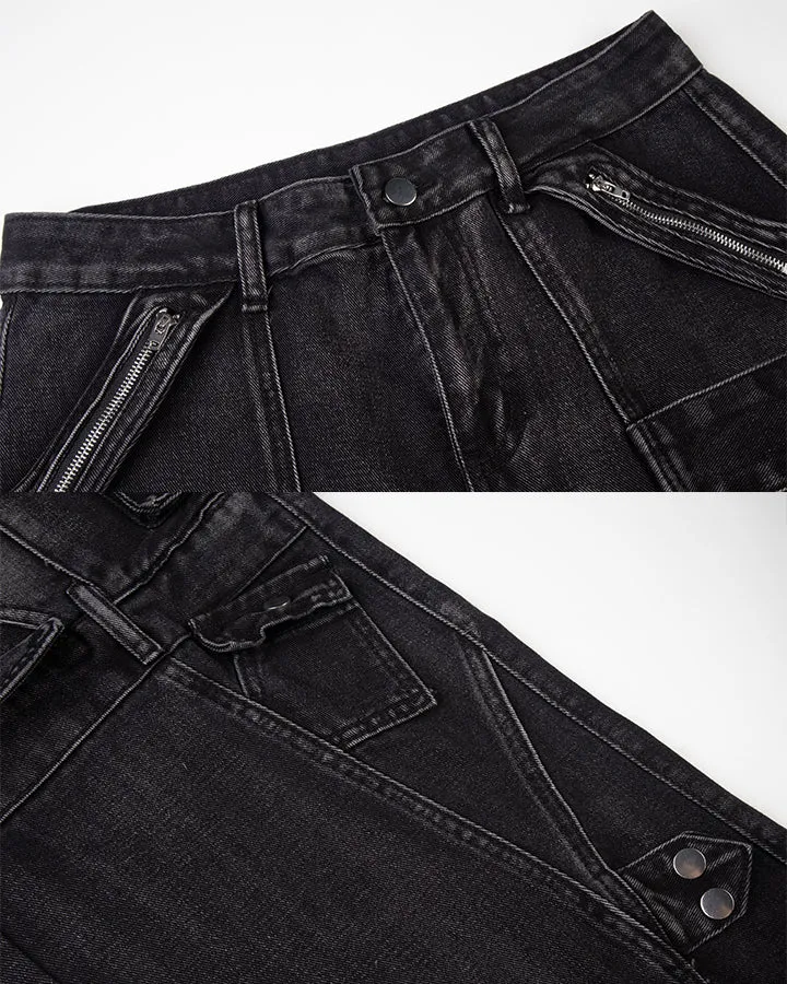 KIIKIO Vintage Washed Multi Pocket Layered Cargo Jeans