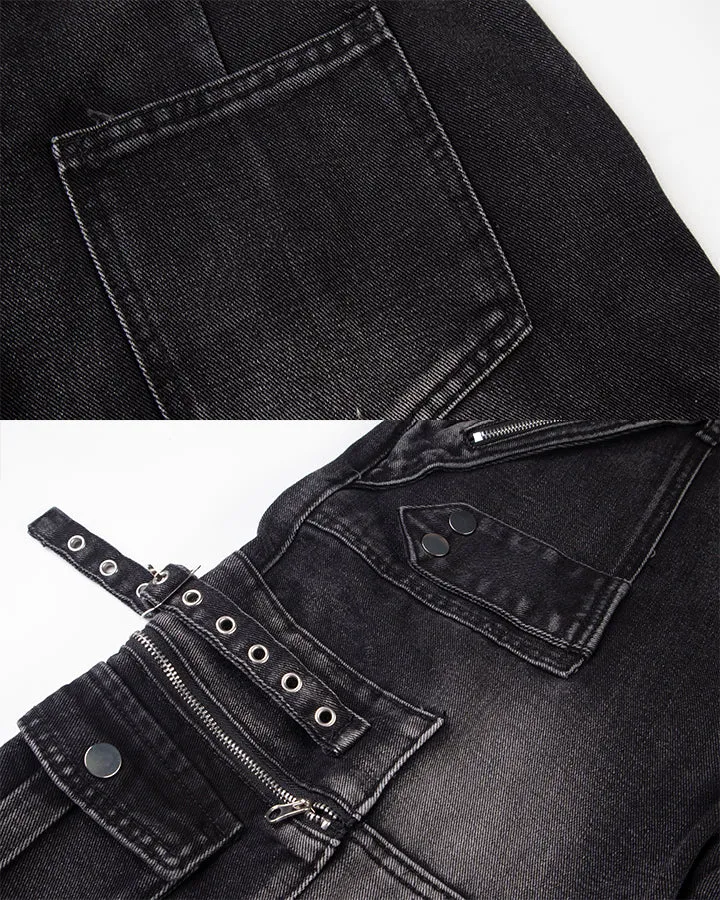 KIIKIO Vintage Washed Multi Pocket Layered Cargo Jeans