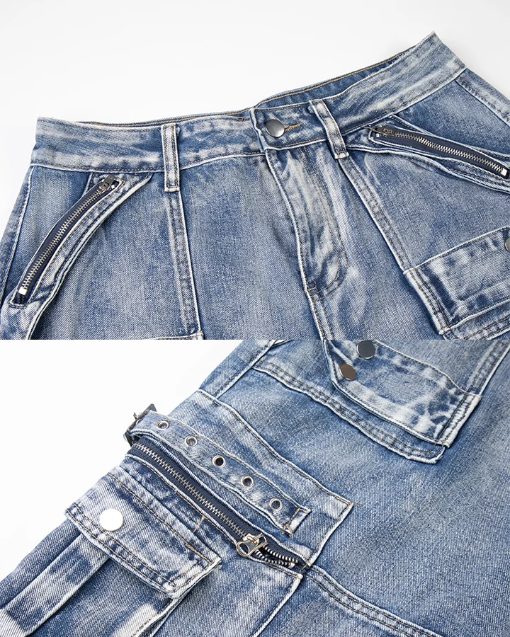 KIIKIO Vintage Washed Multi Pocket Layered Cargo Jeans