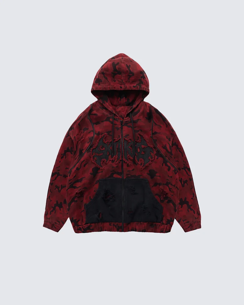 KIIKIO Retro Red Camouflage Zip-Up Hoodie