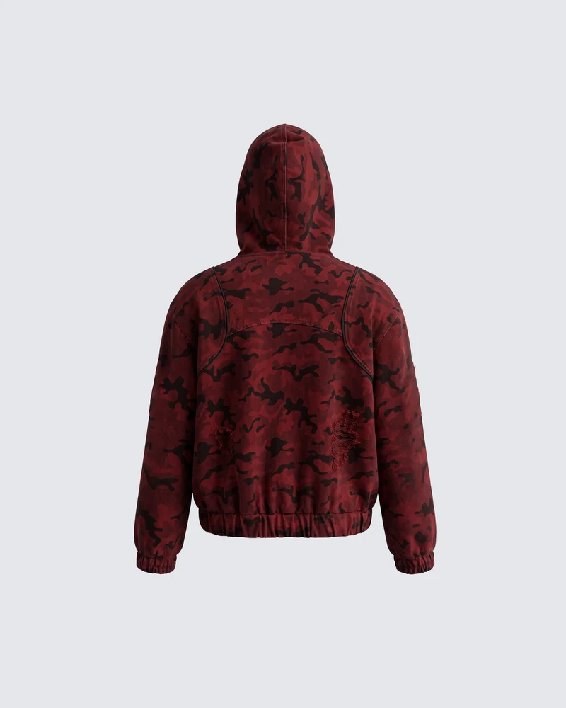 KIIKIO Retro Red Camouflage Zip-Up Hoodie