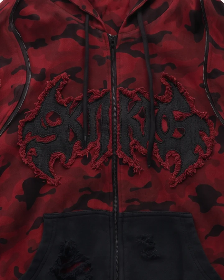 KIIKIO Retro Red Camouflage Zip-Up Hoodie