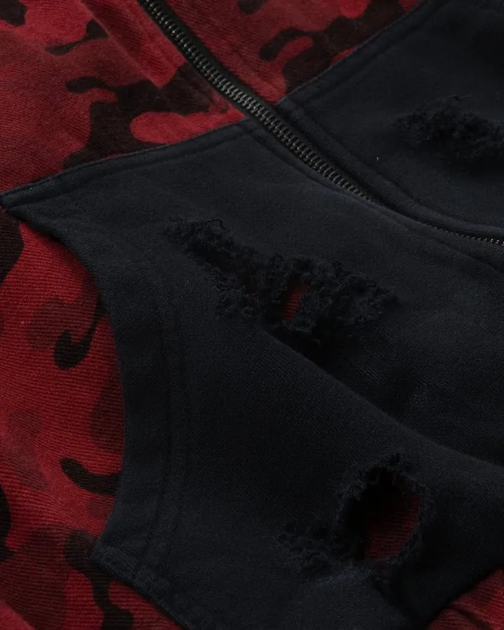 KIIKIO Retro Red Camouflage Zip-Up Hoodie