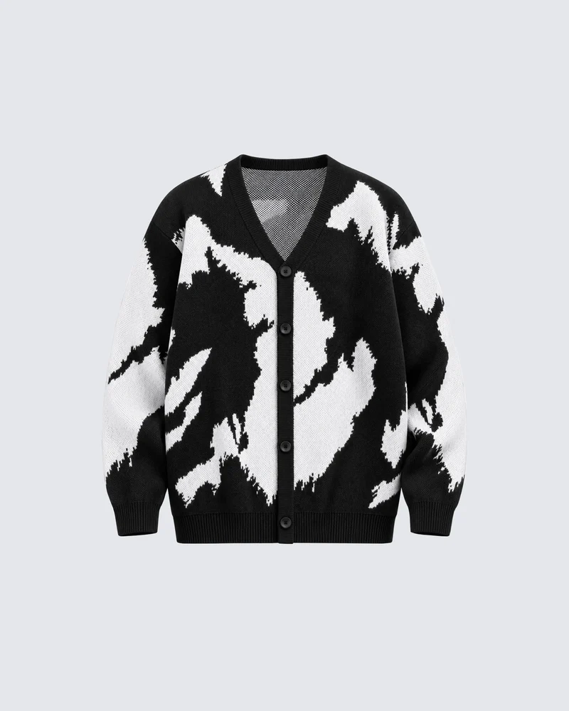 KIIKIO Retro Black White Abstract Pattern Knit Cardigan