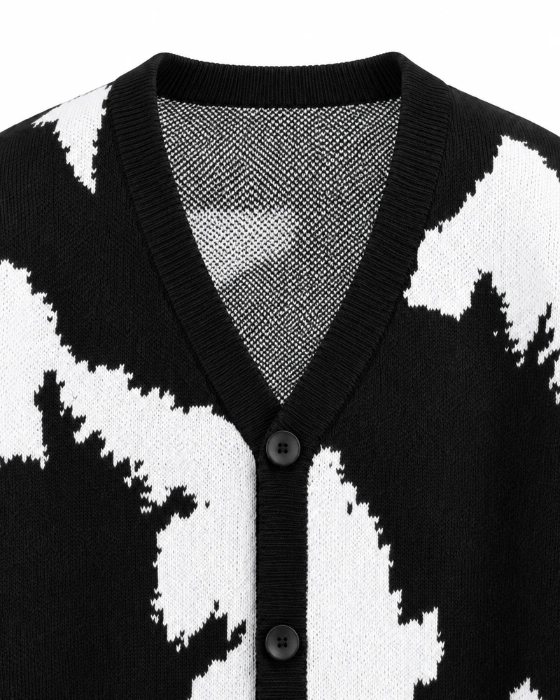KIIKIO Retro Black White Abstract Pattern Knit Cardigan