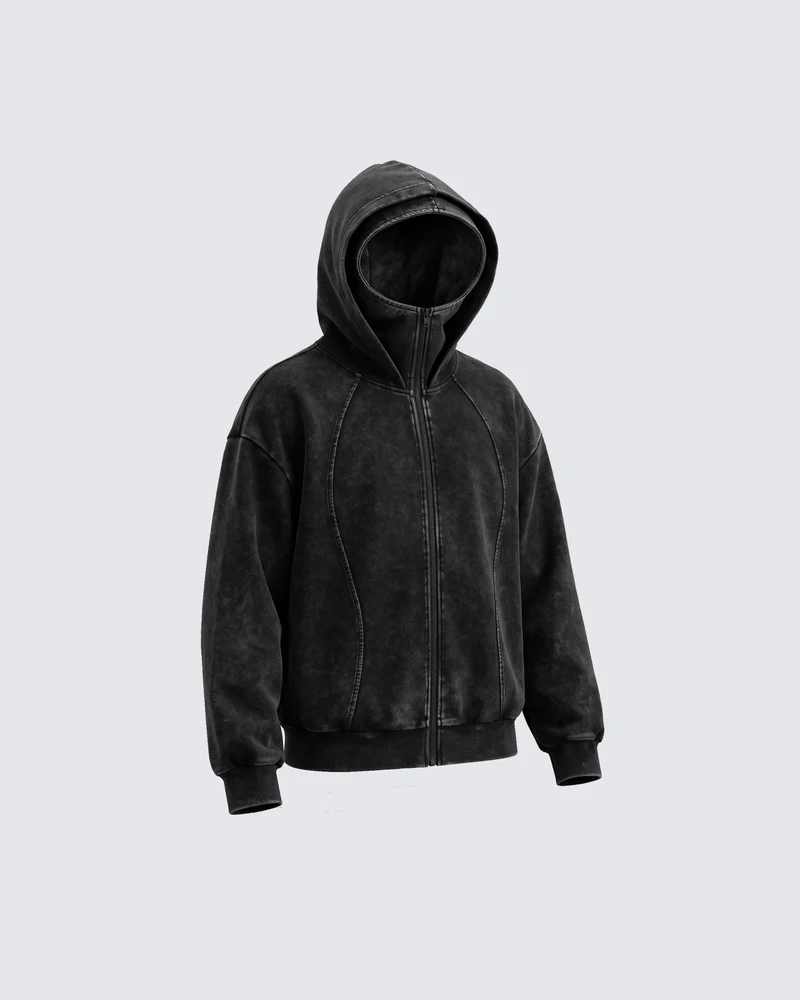 KIIKIO Minimalist Washed Oversized Zip-Up Hoodie