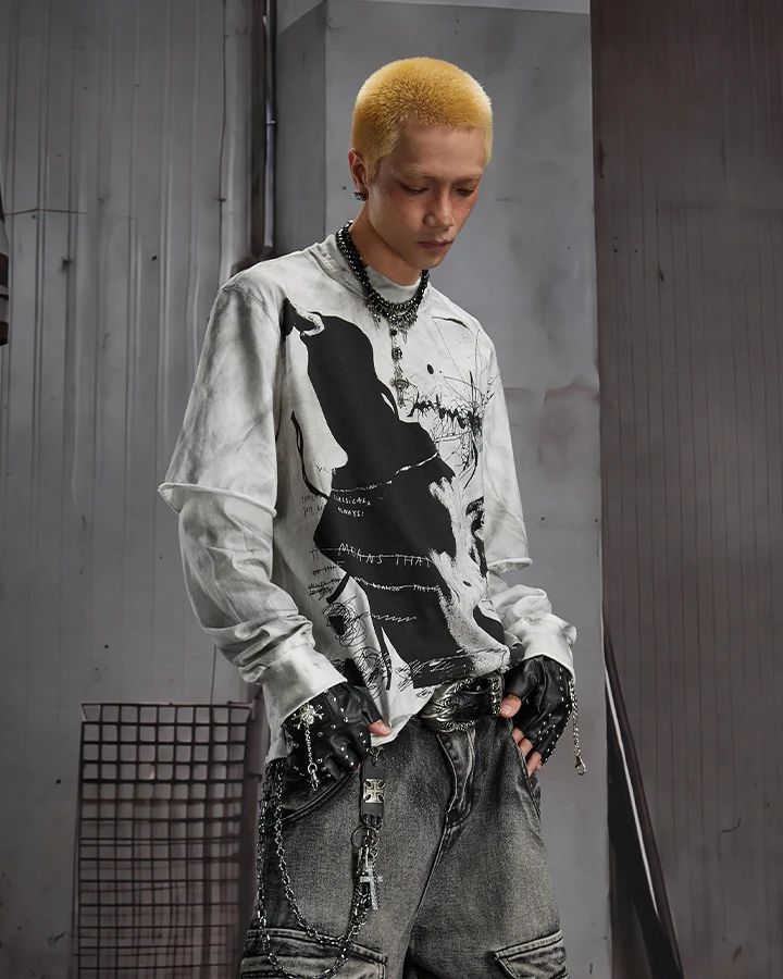 KIIKIO Washed Layered Graphic Long Sleeve Tee
