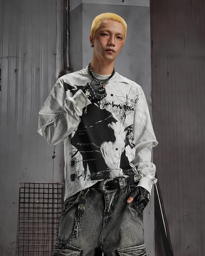 KIIKIO Washed Layered Graphic Long Sleeve Tee