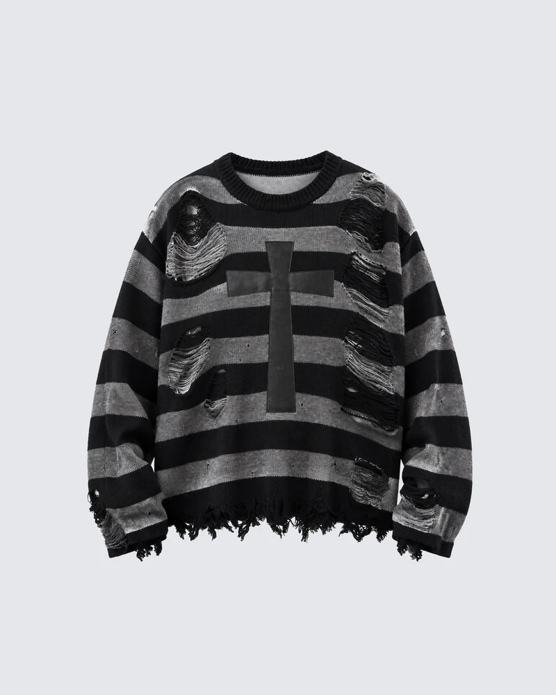KIIKIO Distressed Striped Cross Graphic Knit Sweater