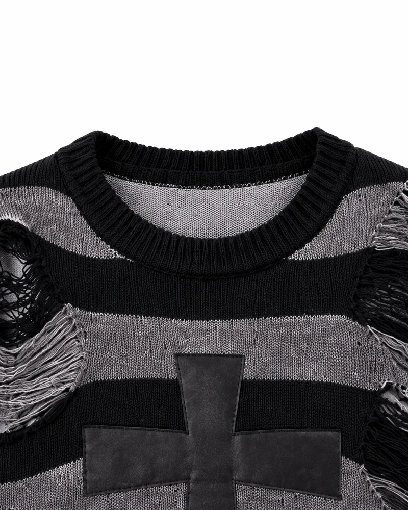 KIIKIO Distressed Striped Cross Graphic Knit Sweater
