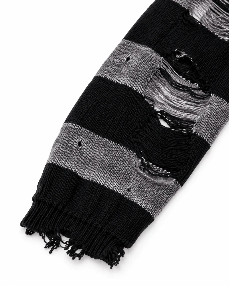 KIIKIO Distressed Striped Cross Graphic Knit Sweater