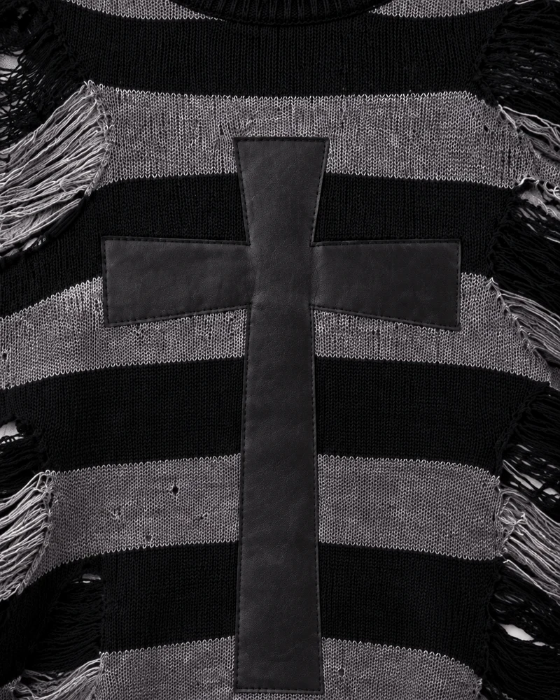 KIIKIO Distressed Striped Cross Graphic Knit Sweater