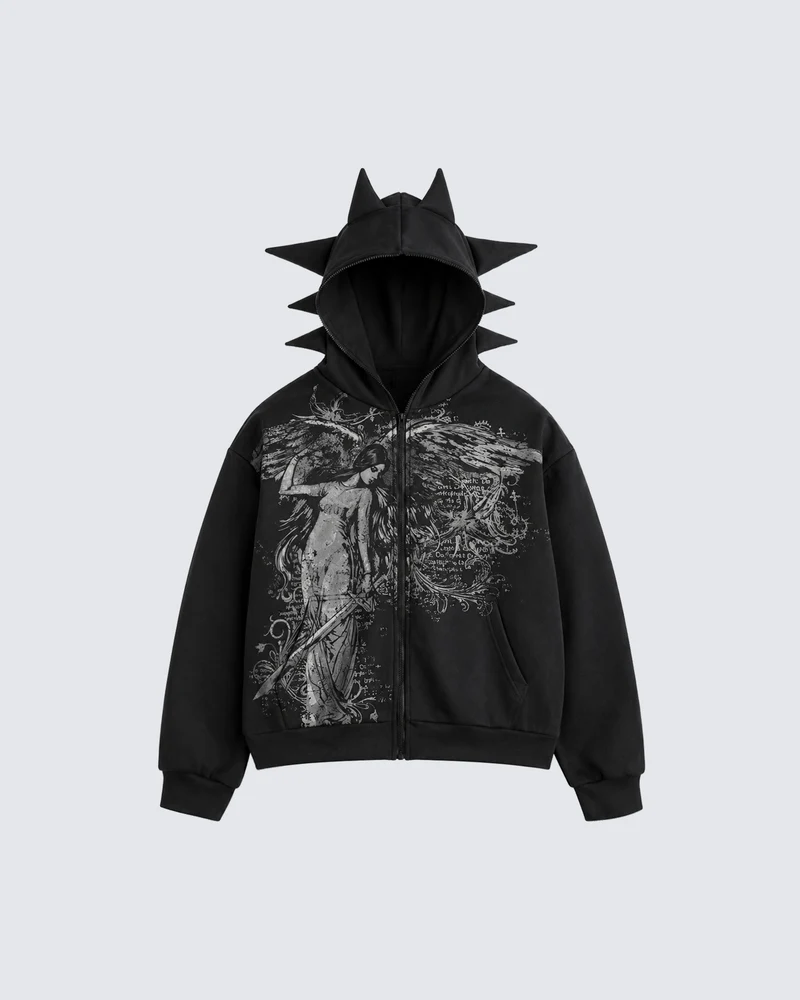 KIIKIO Gothic Spiked Hood Graphic Zip-Up Hoodie