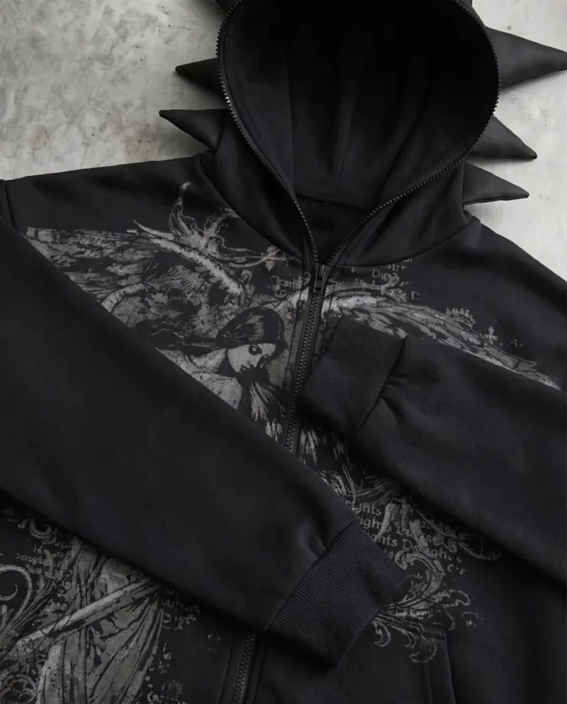 KIIKIO Gothic Spiked Hood Graphic Zip-Up Hoodie