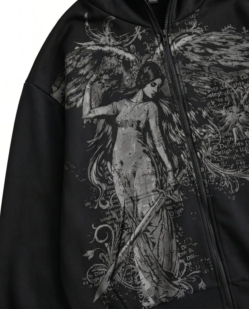 KIIKIO Gothic Spiked Hood Graphic Zip-Up Hoodie
