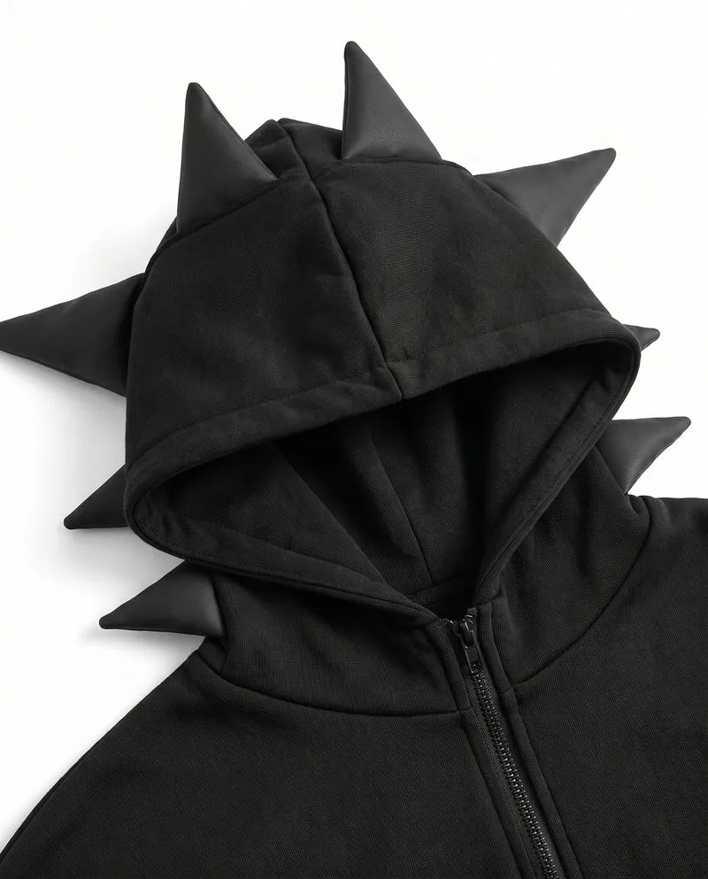 KIIKIO Gothic Spiked Hood Graphic Zip-Up Hoodie