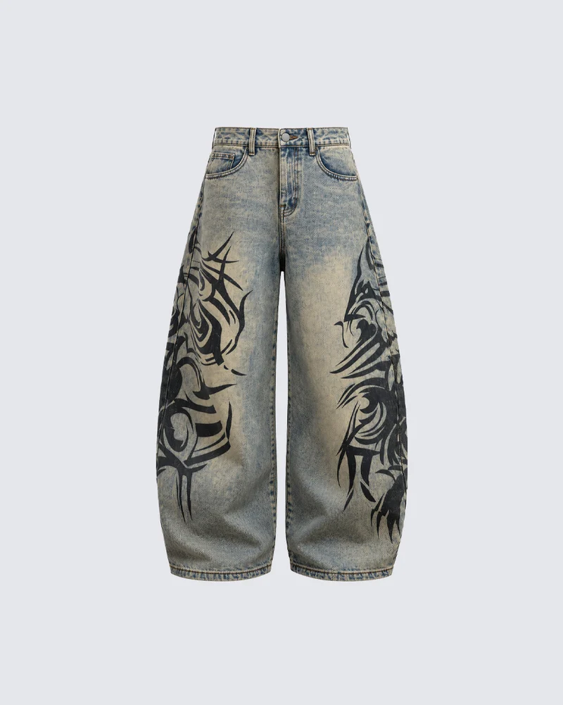 KIIKIO Vintage Washed Tribal Graphic Baggy Denim Jeans